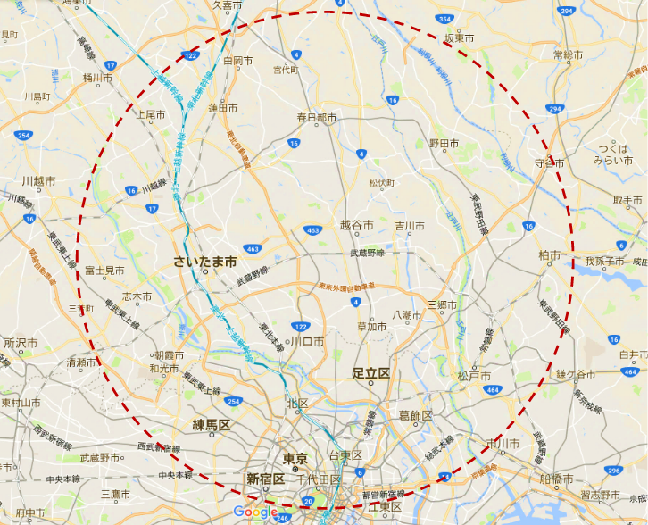 越谷市を中心に車で1時間半ぐらいの範囲のマップ