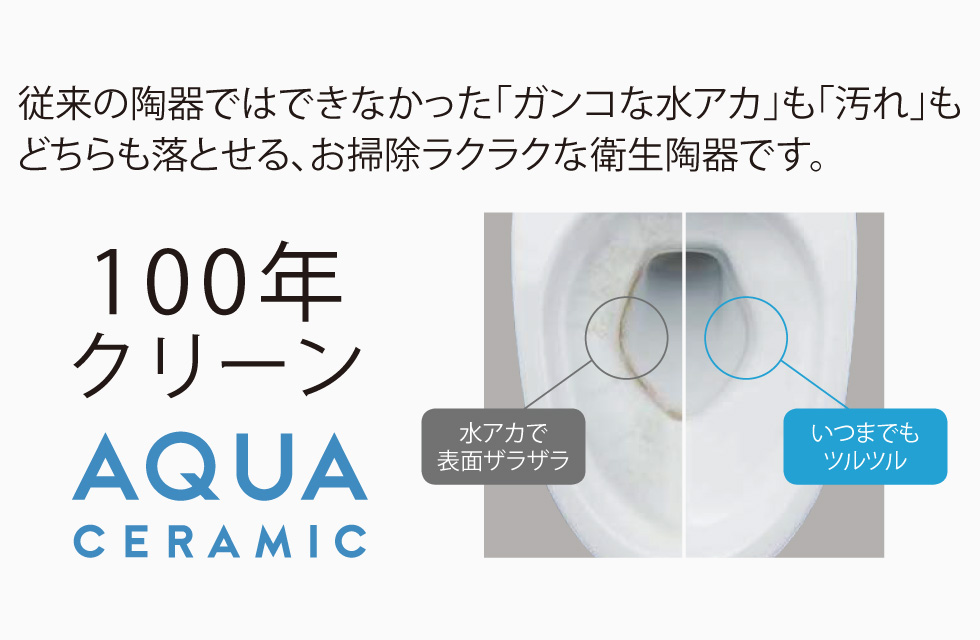 従来の陶器ではできなかった「ガンコな水アカ」も「汚れ」もどちらも落とせる、お掃除ラクラクな衛生陶器です。